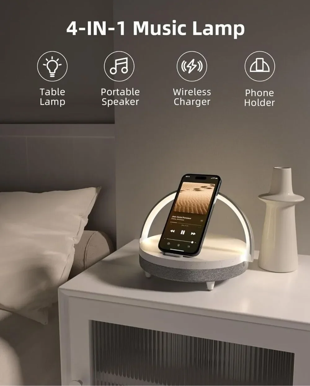 EZVALO Music Table Lamp with Wireless Charger, 4 in 1 Touch Bedside Lamp, Portab